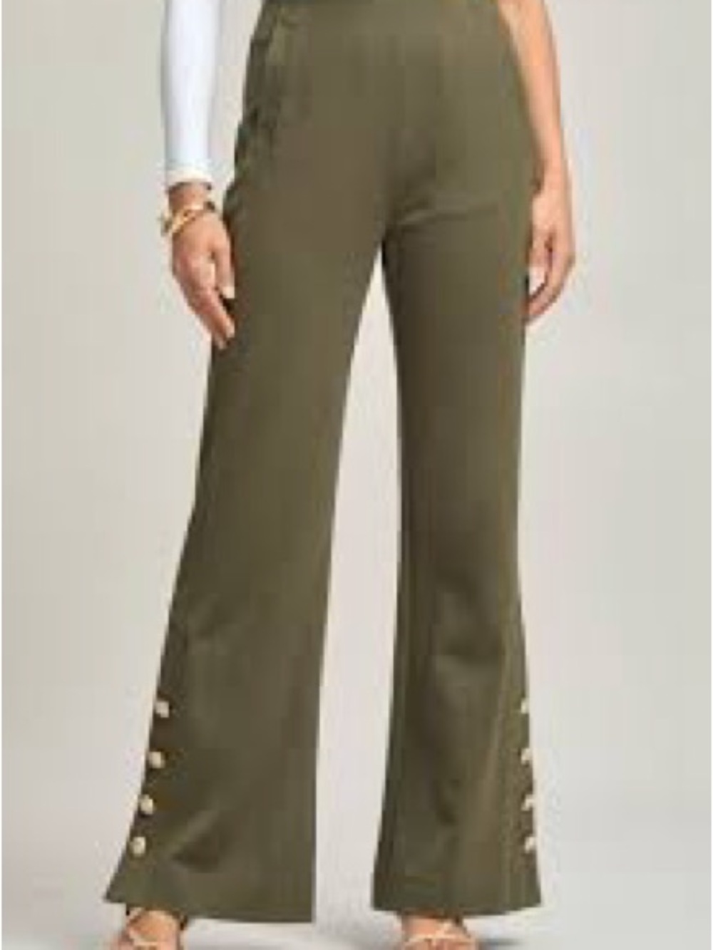 Dear Scarlett Gala Pant Olive Green with Gold Button Detail wide leg Size L